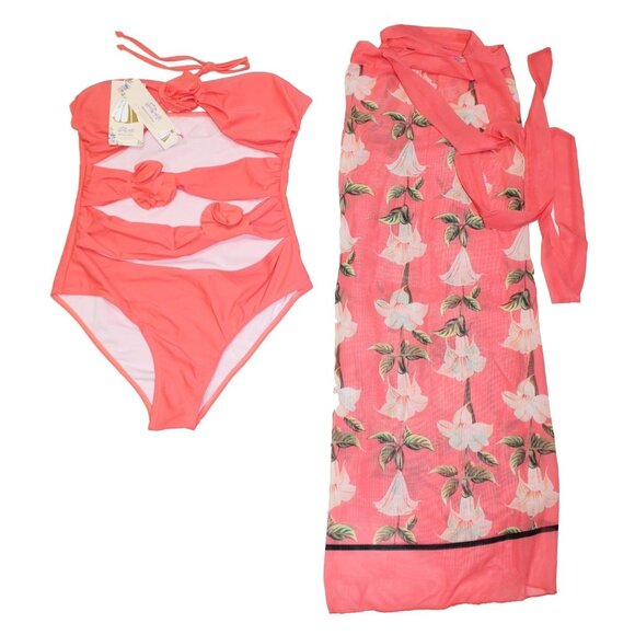 Women's Floral Bathing Suit Cut Outs with Sarong Cover up Wrap Skirt Peach Large - Picture 1 of 4